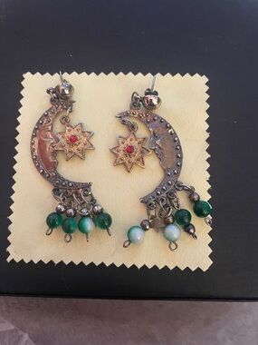Gold-Tone Crescent Moon & Star Earrings with Green Beads